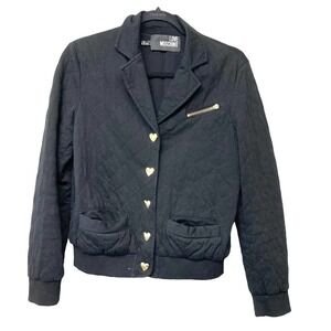 Love Moschino Quilted Black Bomber Jacket with Gold Heart Buttons